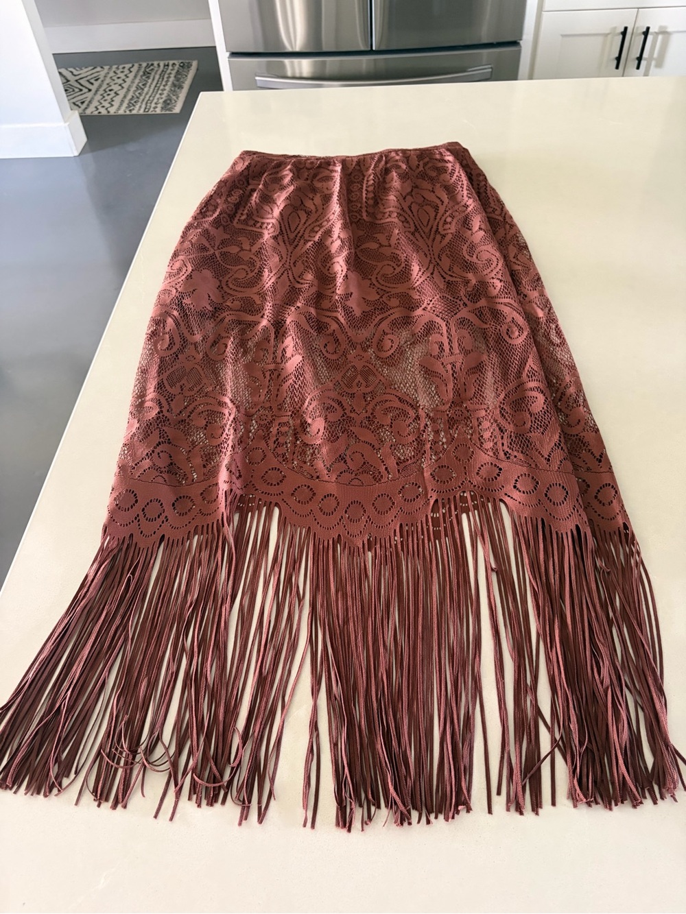 Fringed Laser-Cut Maxi Skirt in Brown